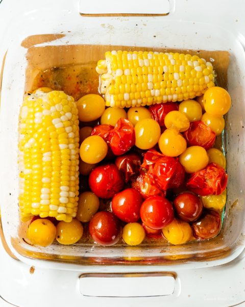 How to cook trader joe’s cauliflower gnocchi with sweet oven roasted tomatoes and corn with the best low carb gnocchi out there: cauliflower gnocchi. Super easy, light, tasty, and filling! #cauliflowergnocchi #traderjoes #cauliflowerrecipes #cauliflower #gnocchi #tomatoes #corn #recipes #dinnerrecipes #dinner